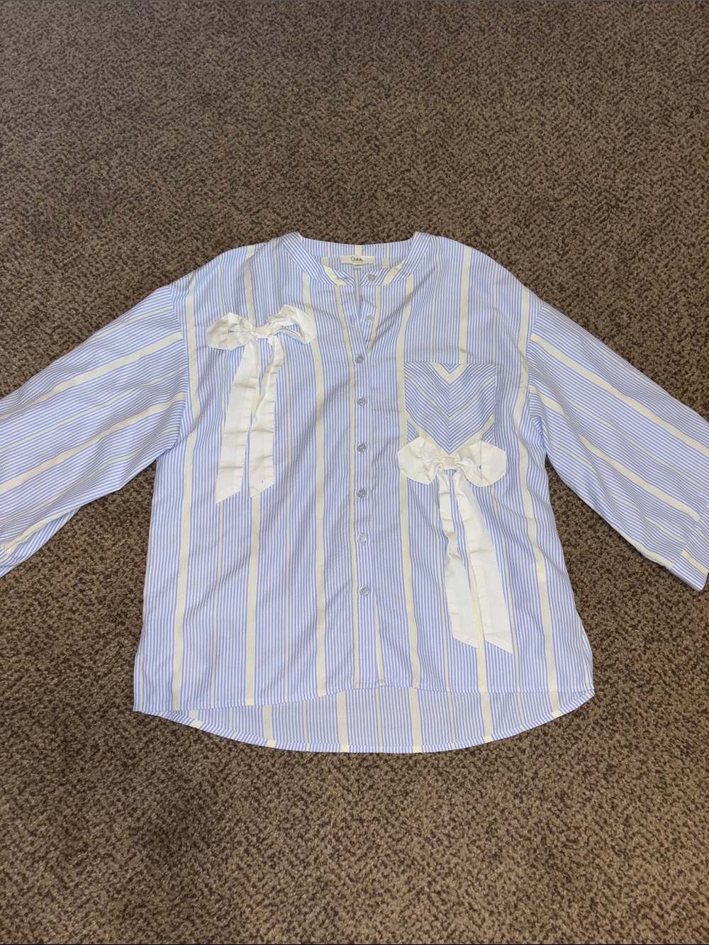 Oddi Light Blue & White Striped Button-Down Top with Ribbon Detail Small